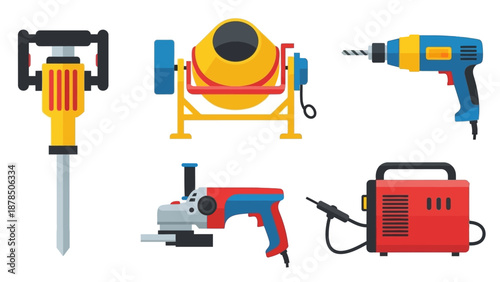 Assorted construction tools and equipment for building and renovation projects.