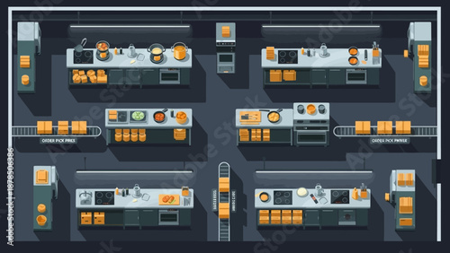 Modern cafeteria interior with long communal tables and bright orange seating in a spacious dining hall.