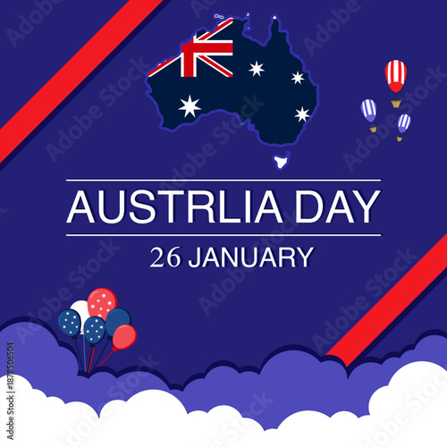 Australia Day celebration illustration featuring a map of Australia filled with the national flag, festive balloons, and patriotic colors.