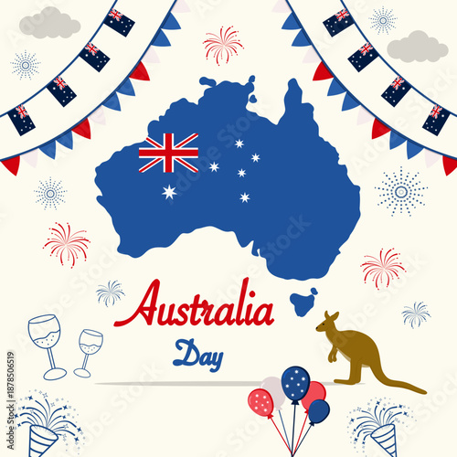 Australia Day celebration illustration featuring the map of Australia filled with the national flag, festive fireworks, bunting flags, balloons, and iconic Australian symbols.