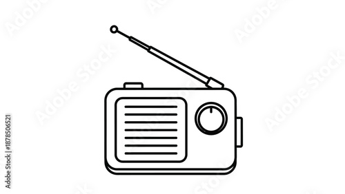 A simple line drawing of a vintage radio with an extended antenna and a dial.