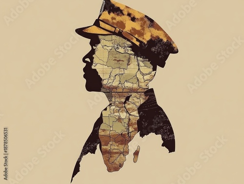 Wallpaper Mural Double exposure silhouette of a military captain filled with a vintage map of Africa Torontodigital.ca