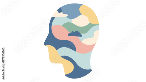 Abstract multi-colored silhouette of overlapping heads representing creativity and cognition.