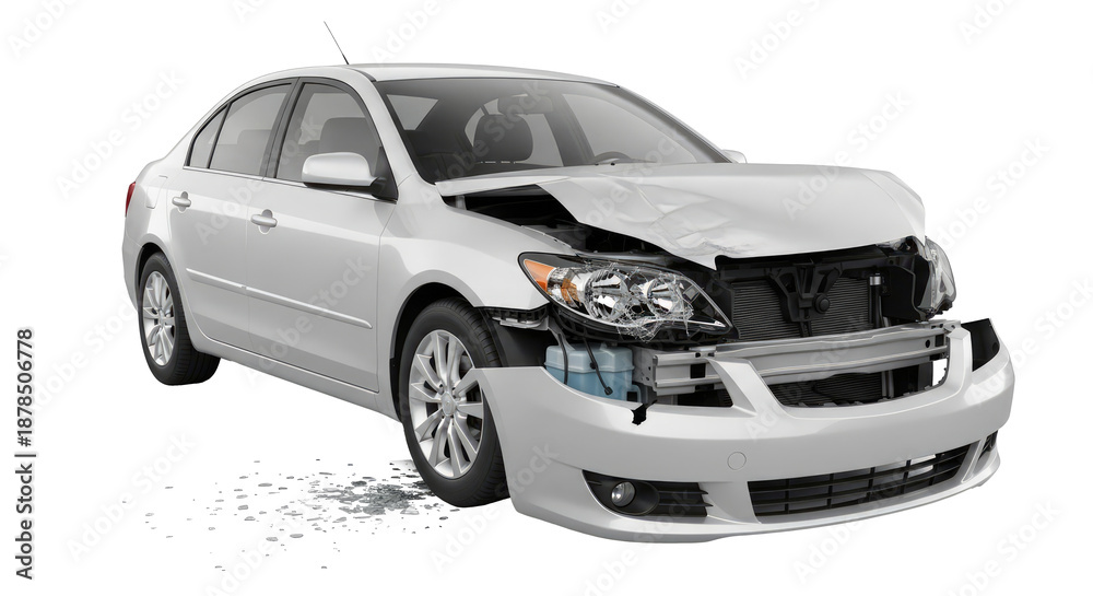 Naklejka premium A white car with visible damage, including a broken windshield and front bumper, png transparent