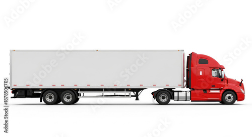 A red and white semi-truck with a trailer parked on a png transparent