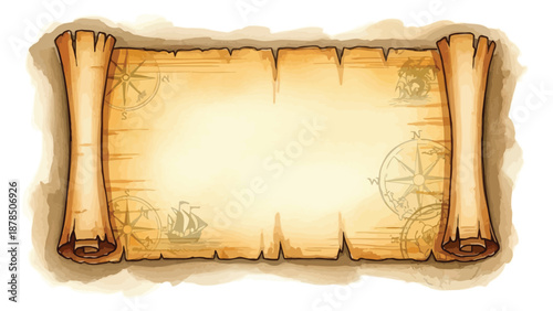 Vintage rolled parchment scroll featuring faded nautical details like compass roses and old sailing ships provides an empty background template.