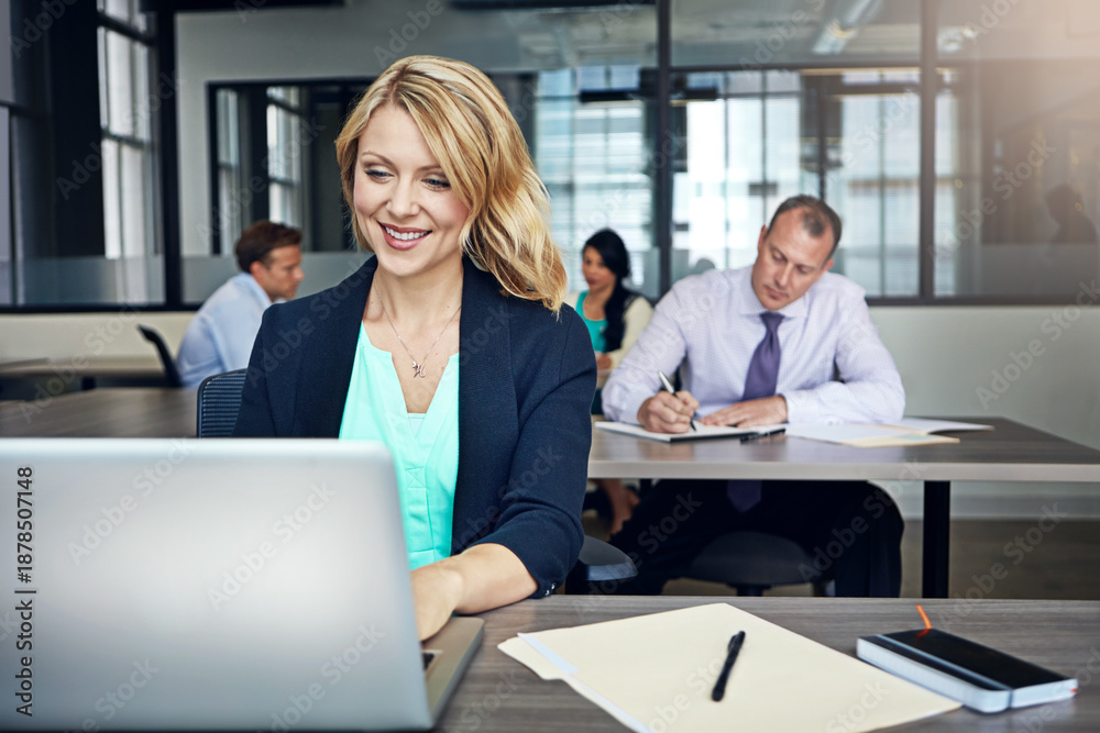 Fototapeta premium Laptop, smile and typing with business woman in coworking office for planning or research. Computer, reading and report with happy employee person at workplace desk for review of online information