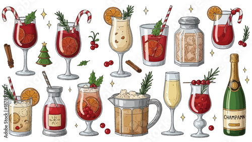 Collection of festive holiday cocktails and winter drinks decorated with citrus cinnamon holly and candy canes illustrating seasonal celebrations