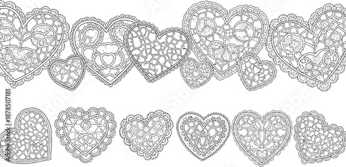 Intricate line art featuring a collection of diverse lace patterned hearts perfect for adult coloring or romantic design elements