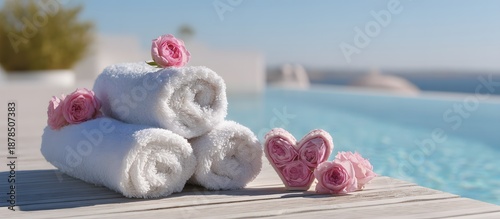 infinity pool with rolled-up towels and romantic decorations for Valentine's Day