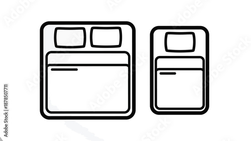 Two beds with pillows and blankets are depicted in a simple line drawing illustration.