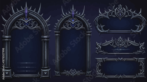 Collection of gothic dark fantasy interface elements featuring ornate metallic frames and jagged spiky decorative borders for game design