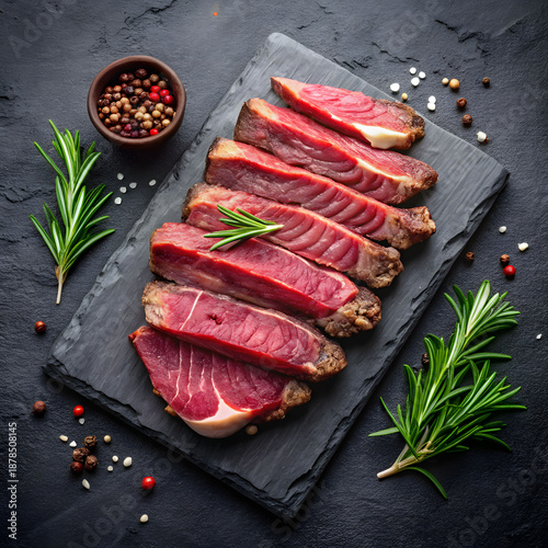 sliced beef steak on a dark stone plate