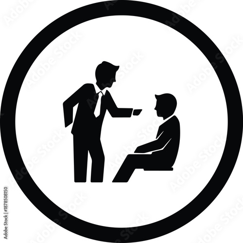 Silhouette businessman pointing at seated male employee icon simple minimal illustration vector