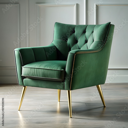 elegant green velvet armchair with gold legs