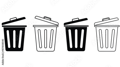 Four trash cans are depicted in a line with open lids, rendered in both filled and outline styles.