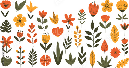 Hand Drawn Floral Collection with Autumn Flowers Leaves and Botanical Branches for Spring Summer Wedding Greeting Card Background Flat Vector Illustration (22 words)