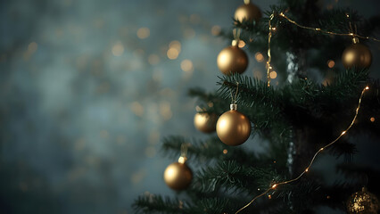 Close-up of golden baubles and fairy lights on a Christmas tree, festive and elegant