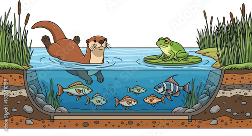 Customs officer inspects cargo container with advanced scanning technology at a port with otter, frog, and fish.