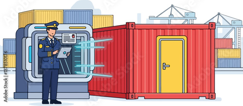 Security guard scans cargo container with scanner at warehouse dock