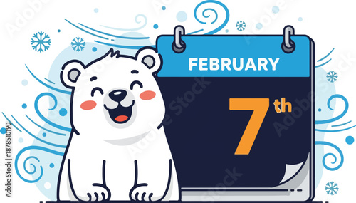 Cute Cartoon Polar Bear Celebrating February 7th with a Calendar
