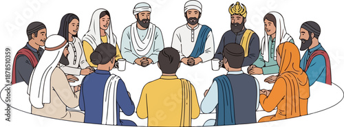 Diverse Group of People Wearing Traditional Clothing Sitting Around Circular Table