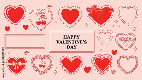 Happy Valentine Day Heart Decoration Set with Cherries and Ribbons Flat Vector Illustration for Holiday Celebration Romance Greeting Card Design