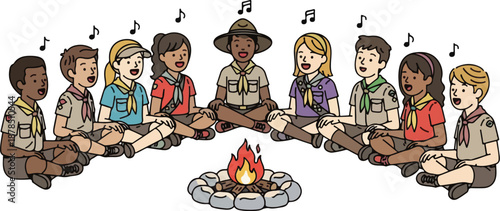 Diverse scouts sit around a campfire singing together in harmony outdoors