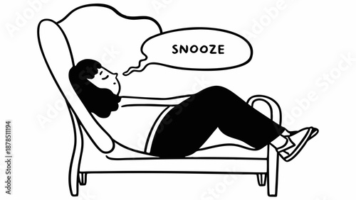 A person lying on a chaise lounge, resting, relaxing, and snoozing peacefully indoors from a side view illustration