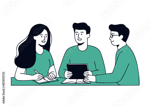 Business meeting, flat style illustration depicting three people sitting at a table.