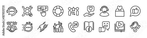 Technical support icon set. Contains Customer or client service, help, assistance, operator, feedback, donation, cooperation, fast response, 24 hour call, lifebuoy, guidebook, rescue, teamwork. Vector