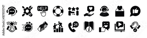 Technical support icon vector set. Contains customer service, client help, assistance, operator, feedback, donation, cooperation, fast response, 24 hour call, lifebuoy, guidebook, rescue, teamwork