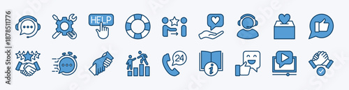 Set of technical support icon. Contains customer service, client help, assistance, operator, feedback, donation, cooperation, fast response, 24 hour call, lifebuoy, guidebook, rescue, teamwork. Vector