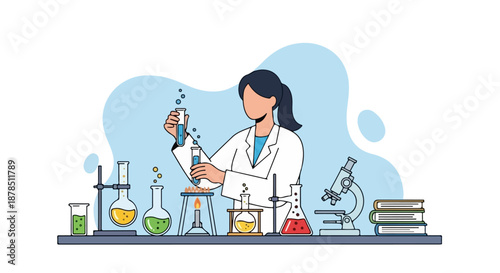 Female Scientist in Laboratory Doing Chemical Experiment – Science Research Vector Illustration