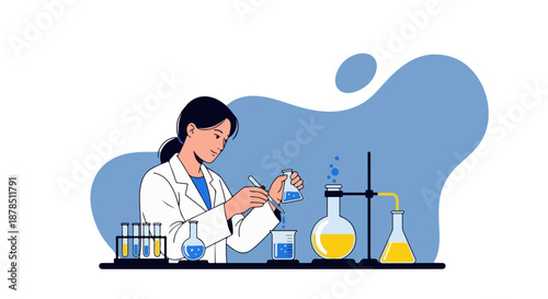 Female Scientist in Laboratory Doing Chemical Experiment – Science Research Vector Illustration