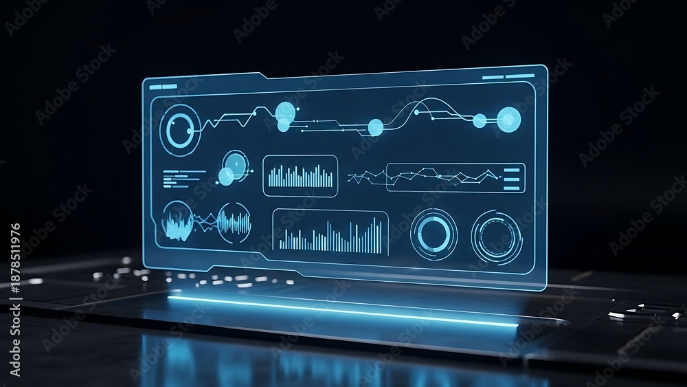 Obraz premium Futuristic laptop displaying glowing blue data analytics interface on dark background.