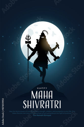 Happy maha Shivratri, a Hindu festival celebrated of lord shiva night. Creative vector illustration design with silhouette of lord shiva as nataraja standing on Himalayas.
