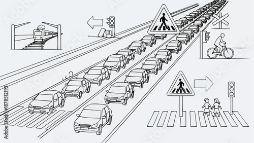 Busy City Traffic Congestion with Pedestrian Crossings and Cyclist.