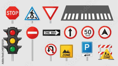 Collection of various traffic signs and signals.