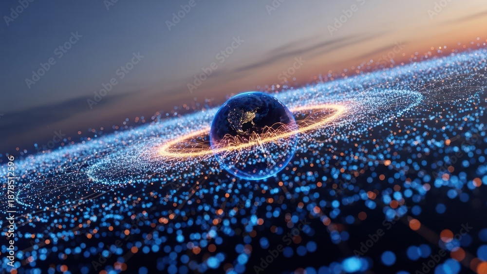 Fototapeta premium Digital rendering of Earth surrounded by a glowing network of data particles in space