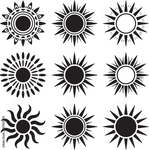 Collection of various sunburst designs and symbols