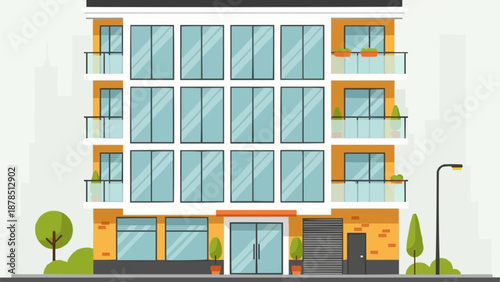 Modern Apartment Building Facade with Large Windows and Balconies.