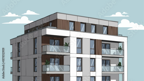Modern Apartment Building Exterior Facade with Balconies and Windows.