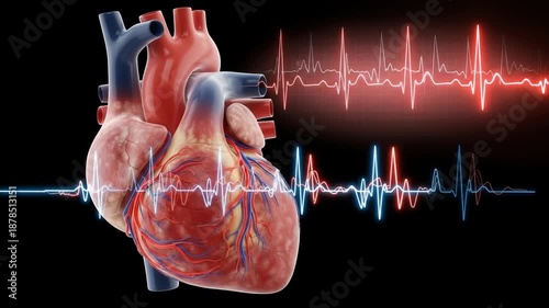 Anatomical human heart with glowing pulse waveforms