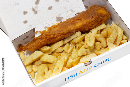 Fish and chips in a cardboard box from a takeaway.  Recycling biogegradable eco packing.  Isolated on white background