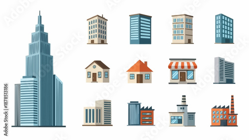 Collection of Diverse Building Icons and Illustrations.
