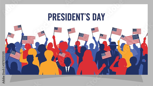 President Day banner in flat vector style illustrating national unity with citizen silhouettes and patriotic symbols