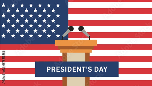 Clean flat vector banner for President Day featuring a symbolic podium and patriotic elements representing leadership and democracy.
