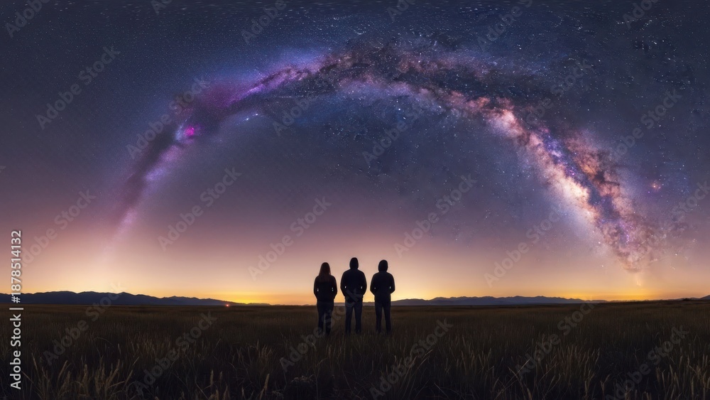 Fototapeta premium Three figures gaze at an expansive, vibrant Milky Way arching over a dark landscape