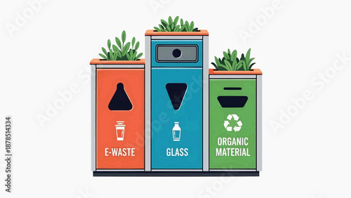 Colorful recycling bins for e-waste, glass, and organic material in a public space